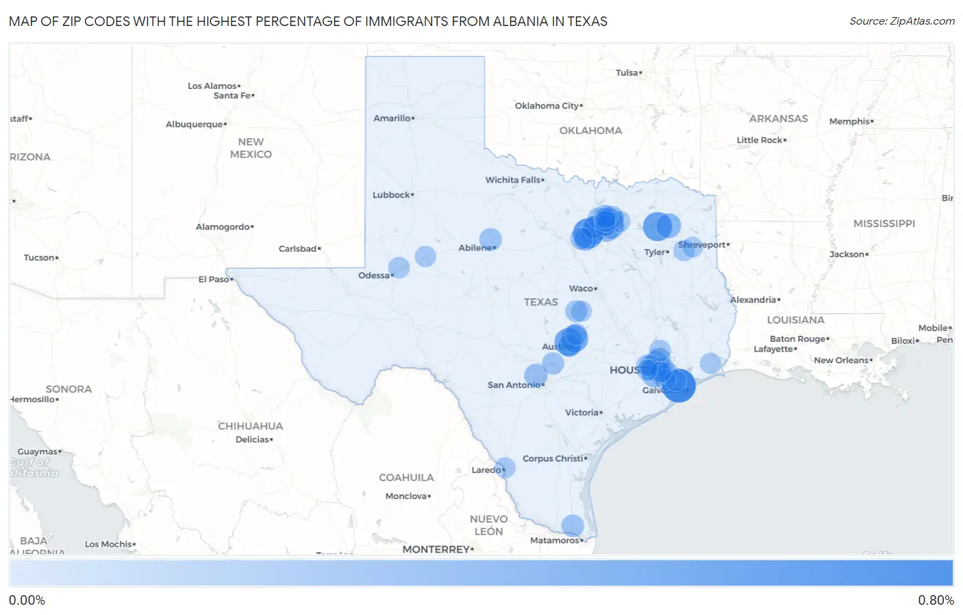 Zip Codes with the Highest Percentage of Immigrants from Albania in Texas Map