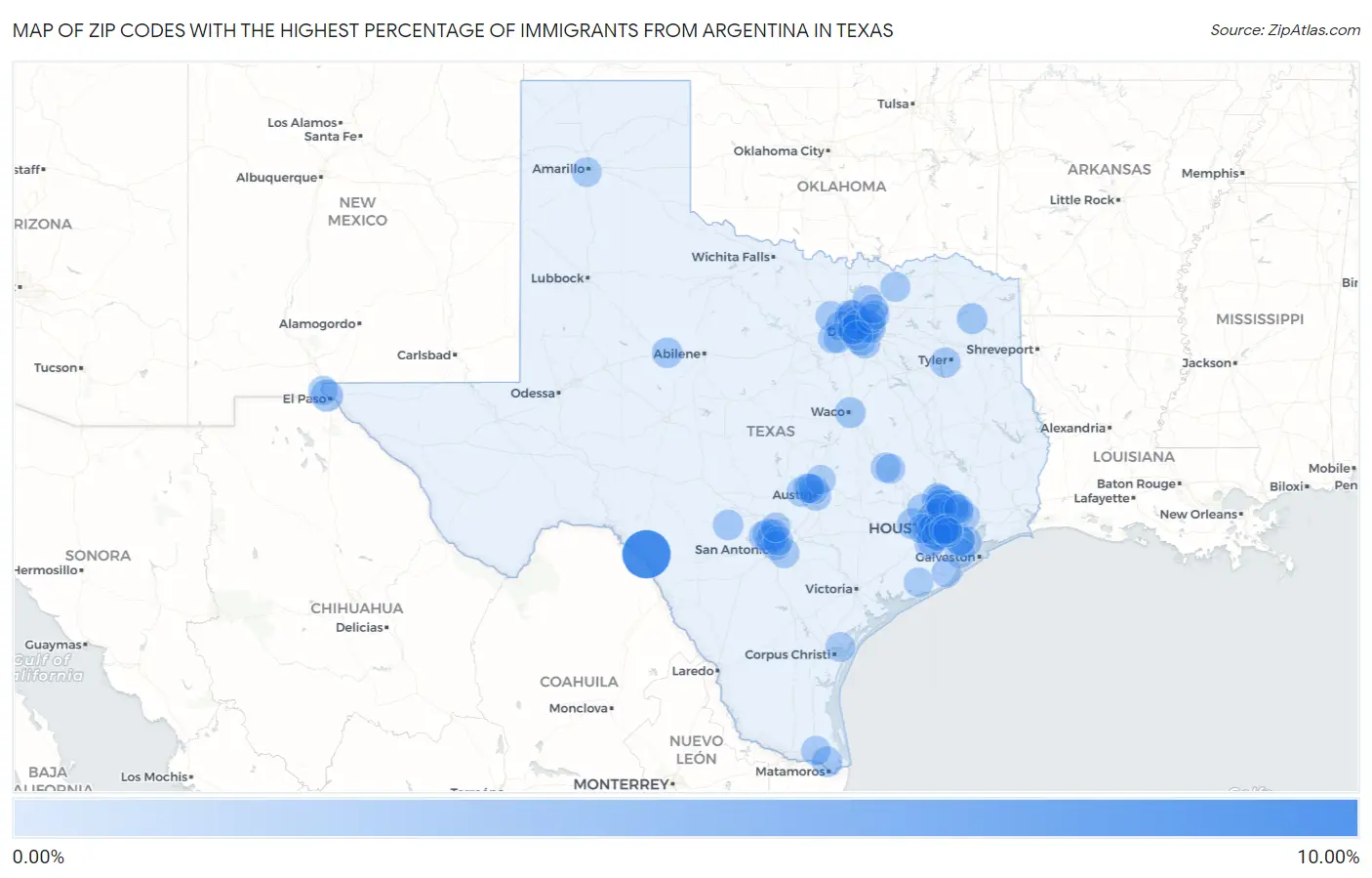 Zip Codes with the Highest Percentage of Immigrants from Argentina in Texas Map