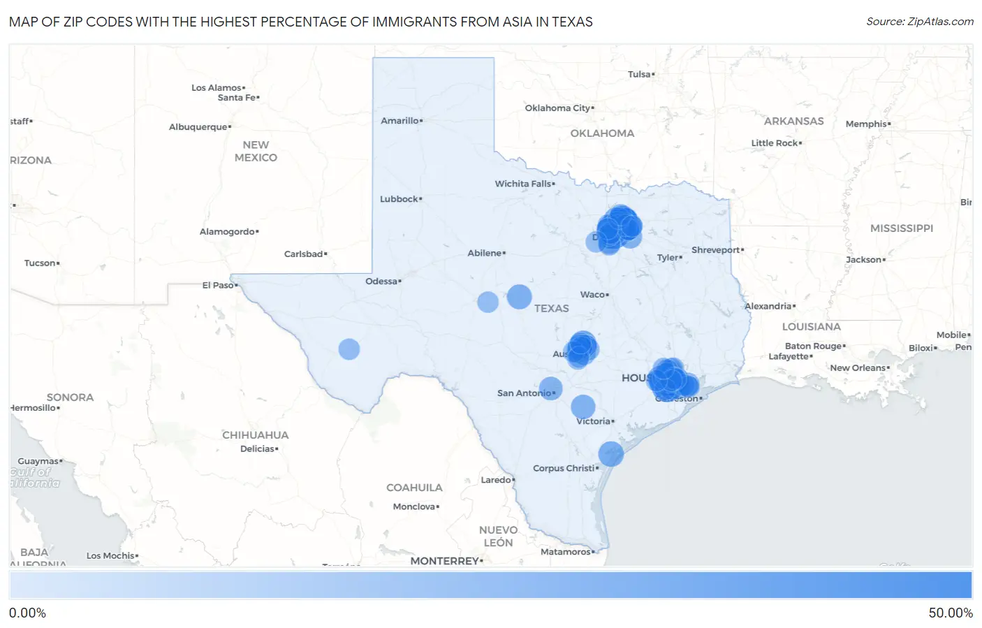 Zip Codes with the Highest Percentage of Immigrants from Asia in Texas Map