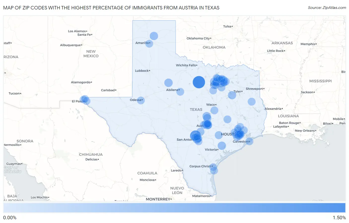 Zip Codes with the Highest Percentage of Immigrants from Austria in Texas Map