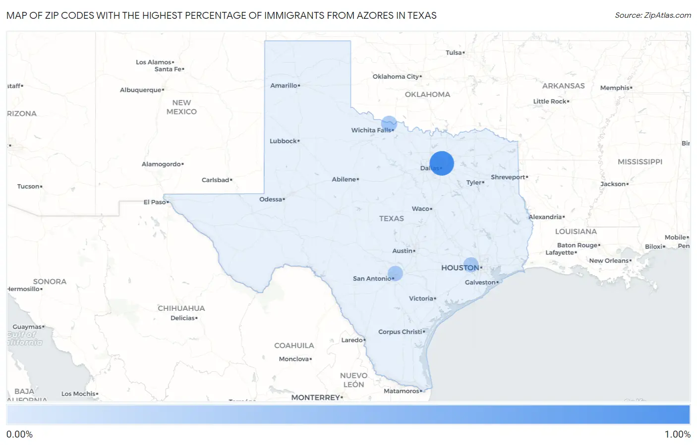 Zip Codes with the Highest Percentage of Immigrants from Azores in Texas Map