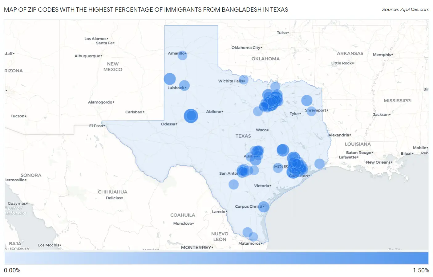Zip Codes with the Highest Percentage of Immigrants from Bangladesh in Texas Map