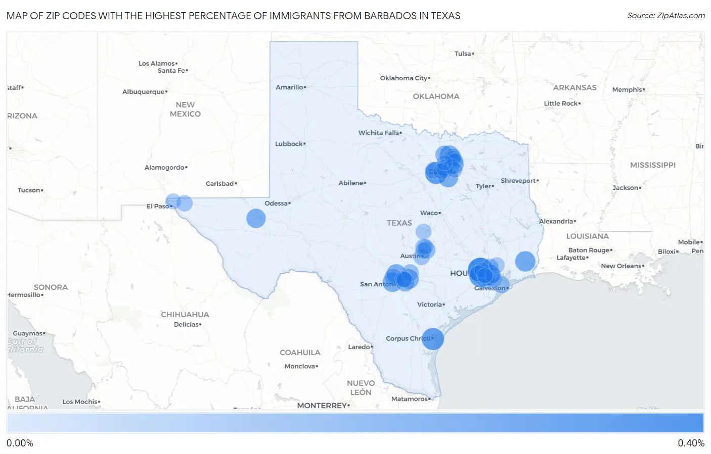 Zip Codes with the Highest Percentage of Immigrants from Barbados in Texas Map