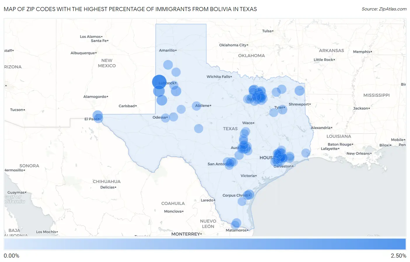 Zip Codes with the Highest Percentage of Immigrants from Bolivia in Texas Map
