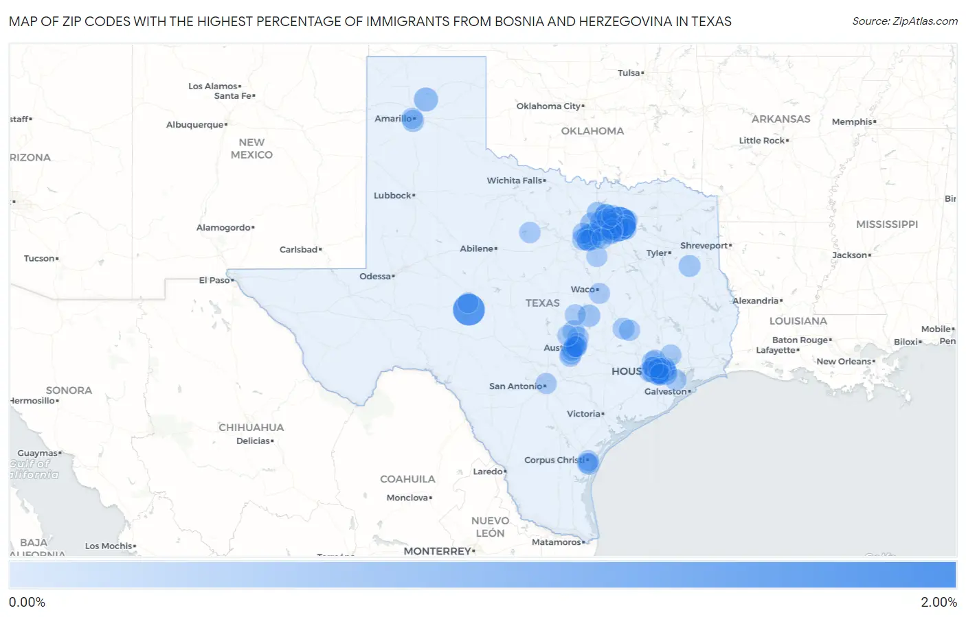 Zip Codes with the Highest Percentage of Immigrants from Bosnia and Herzegovina in Texas Map