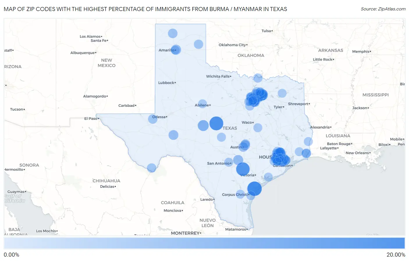 Zip Codes with the Highest Percentage of Immigrants from Burma / Myanmar in Texas Map