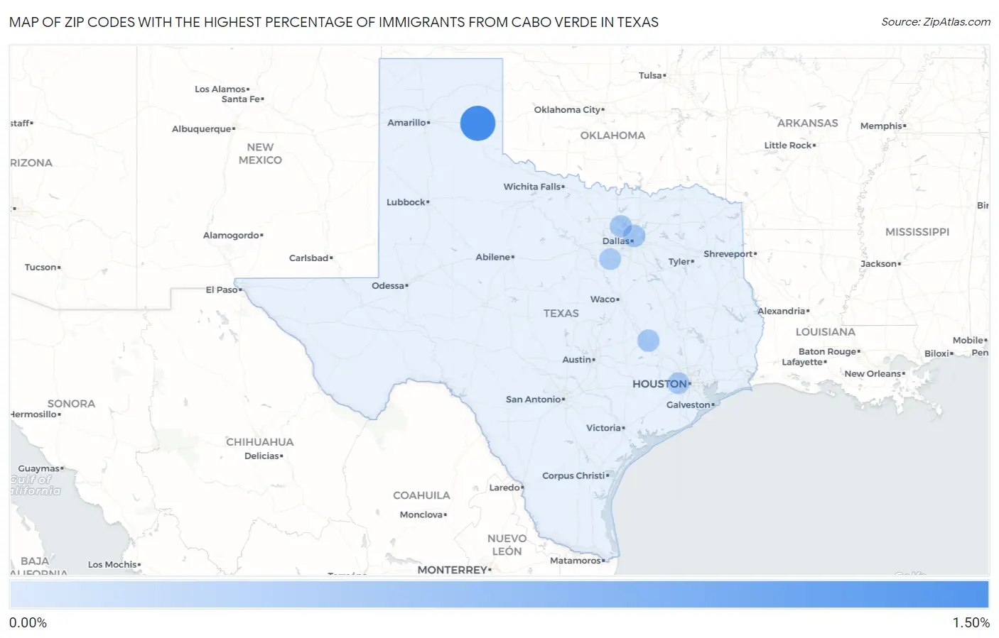 Zip Codes with the Highest Percentage of Immigrants from Cabo Verde in Texas Map