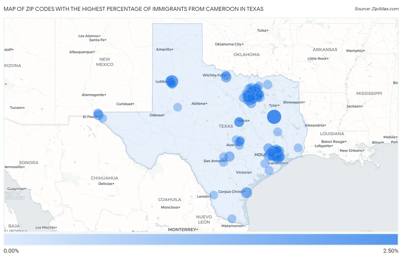Zip Codes with the Highest Percentage of Immigrants from Cameroon in Texas Map