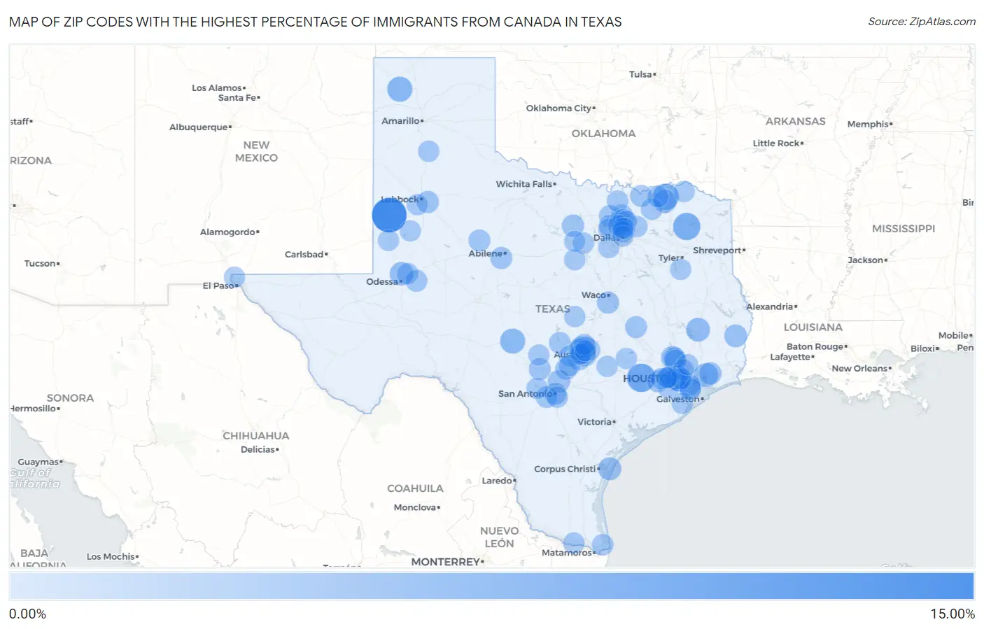 Zip Codes with the Highest Percentage of Immigrants from Canada in Texas Map