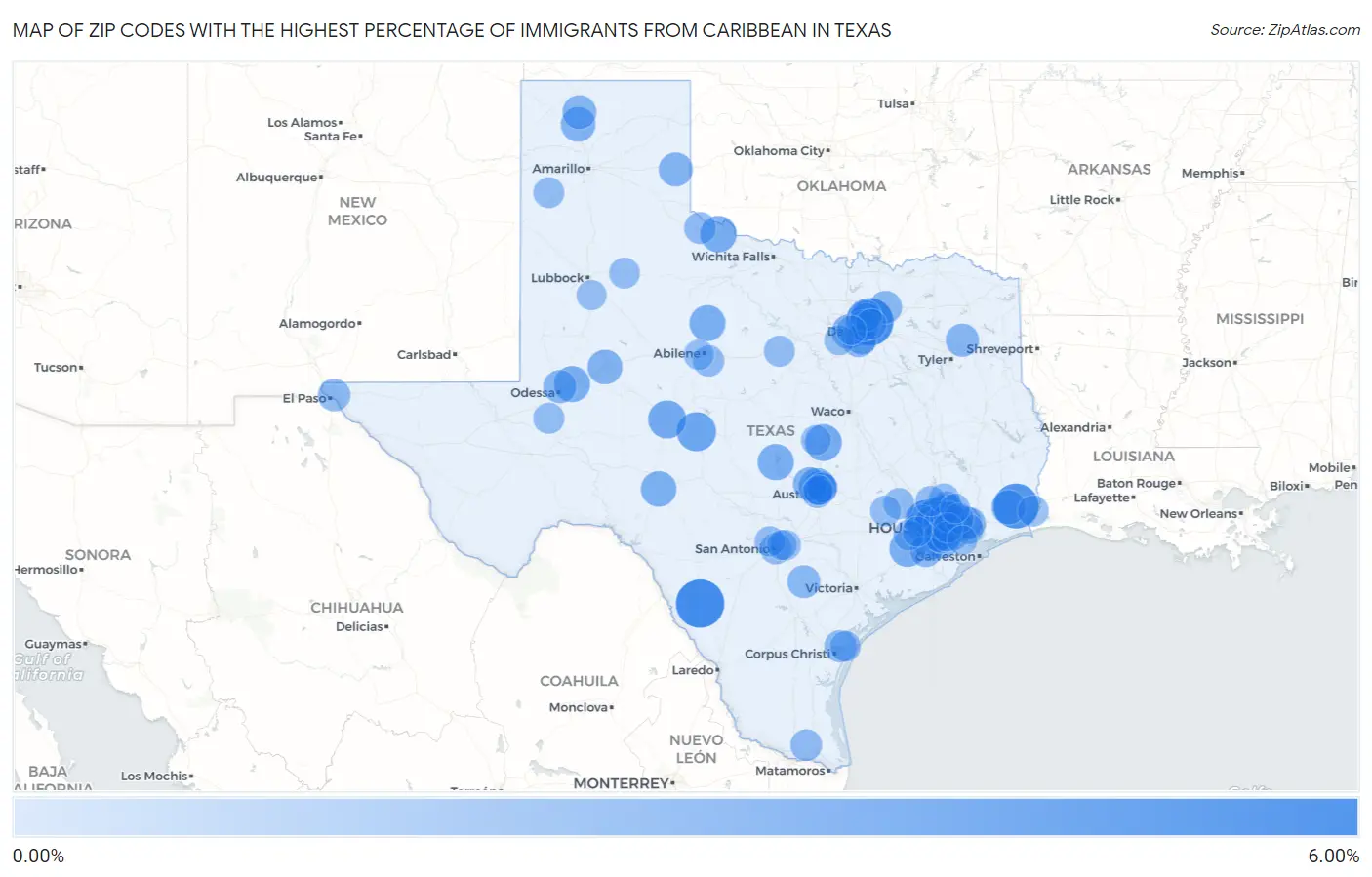 Zip Codes with the Highest Percentage of Immigrants from Caribbean in Texas Map