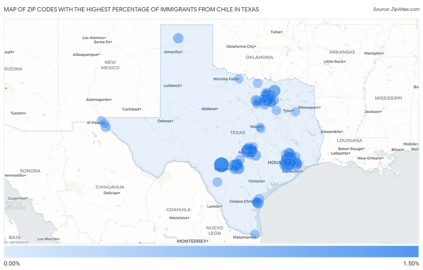 Zip Codes with the Highest Percentage of Immigrants from Chile in Texas Map