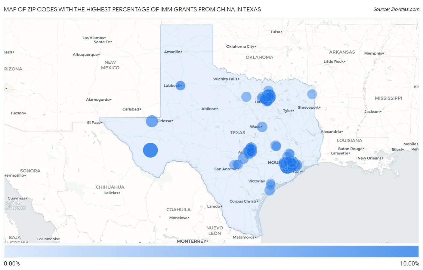 Zip Codes with the Highest Percentage of Immigrants from China in Texas Map