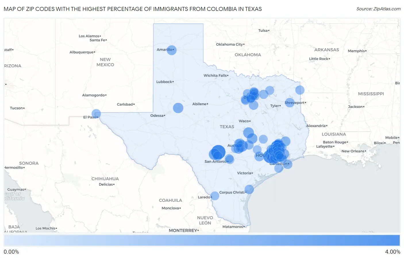 Zip Codes with the Highest Percentage of Immigrants from Colombia in Texas Map