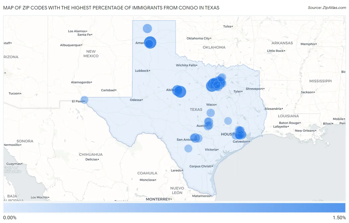 Zip Codes with the Highest Percentage of Immigrants from Congo in Texas Map