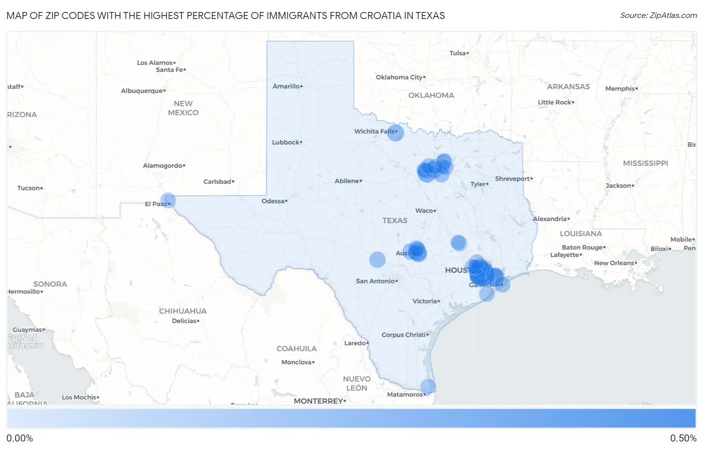 Zip Codes with the Highest Percentage of Immigrants from Croatia in Texas Map