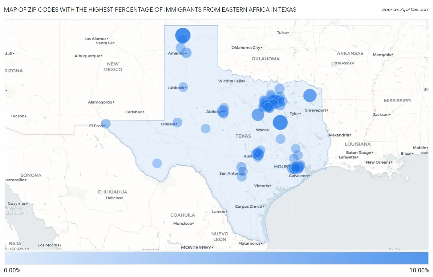 Zip Codes with the Highest Percentage of Immigrants from Eastern Africa in Texas Map