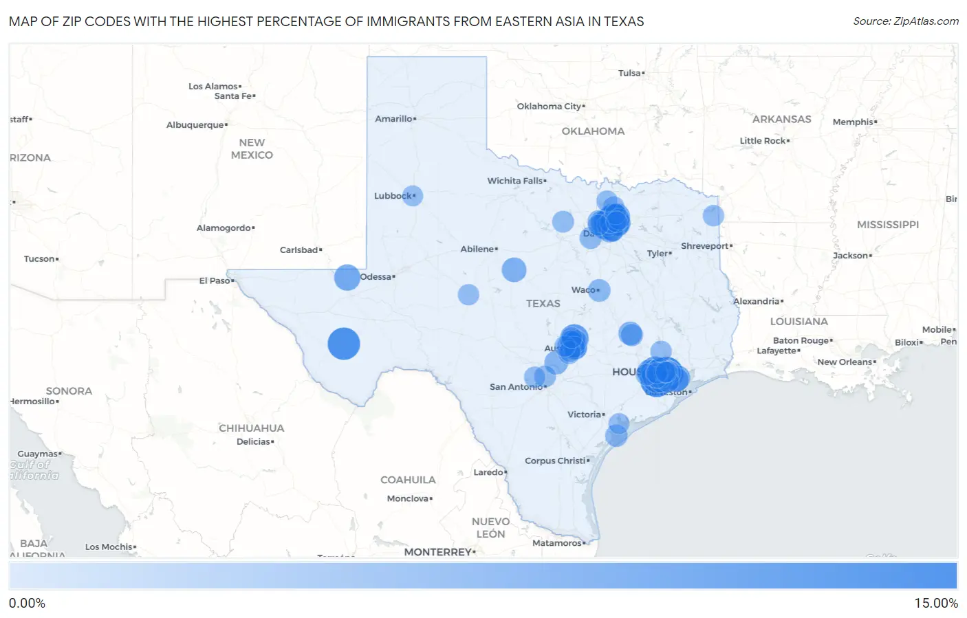 Zip Codes with the Highest Percentage of Immigrants from Eastern Asia in Texas Map