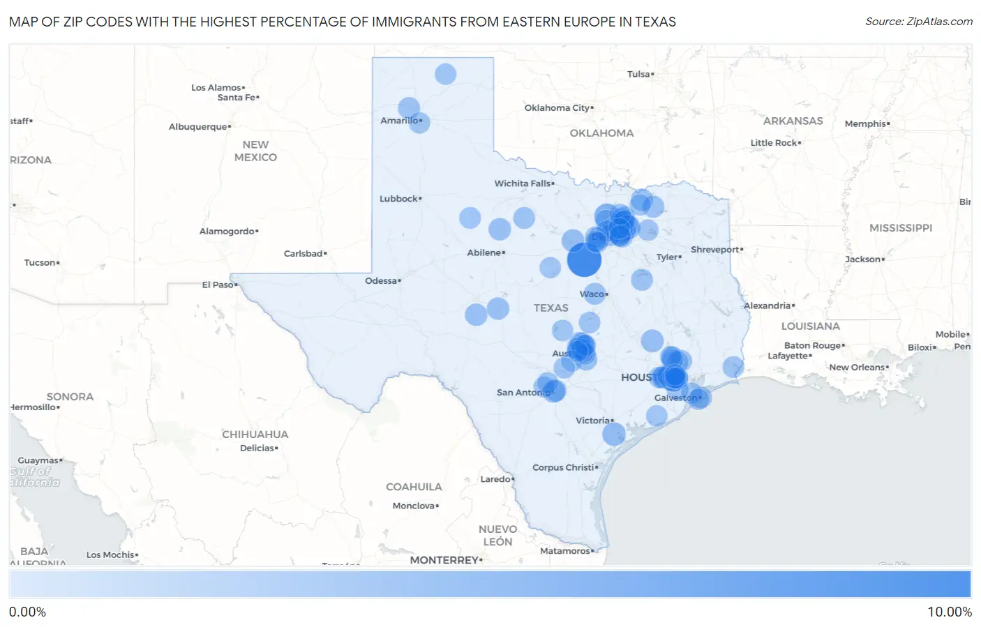 Zip Codes with the Highest Percentage of Immigrants from Eastern Europe in Texas Map