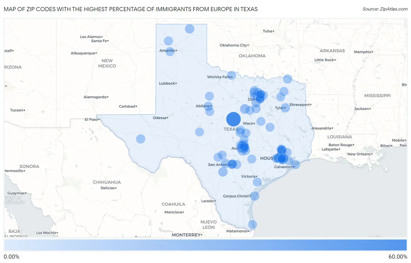 Zip Codes with the Highest Percentage of Immigrants from Europe in Texas Map