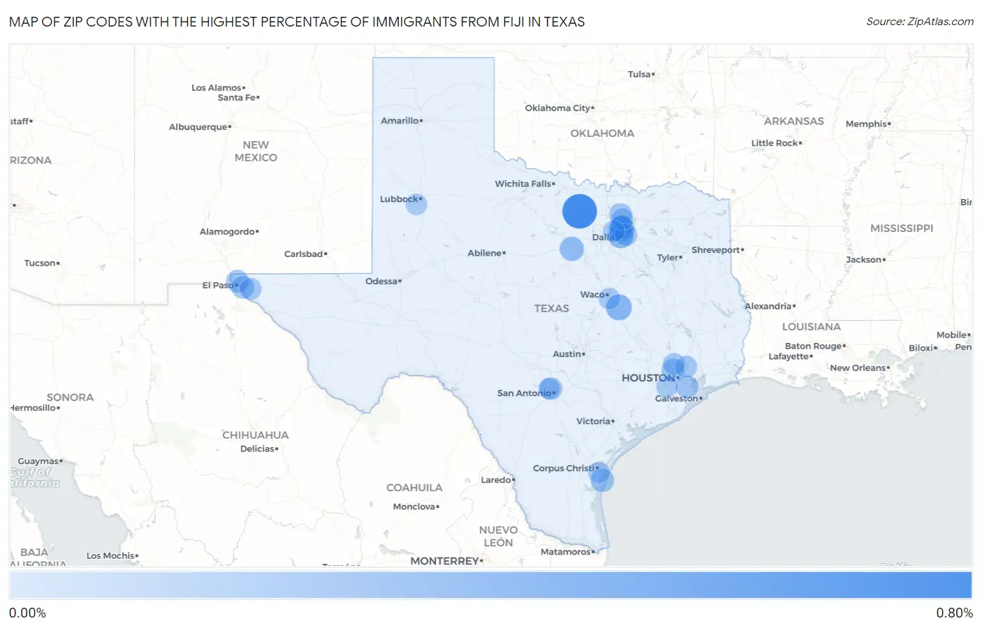 Zip Codes with the Highest Percentage of Immigrants from Fiji in Texas Map