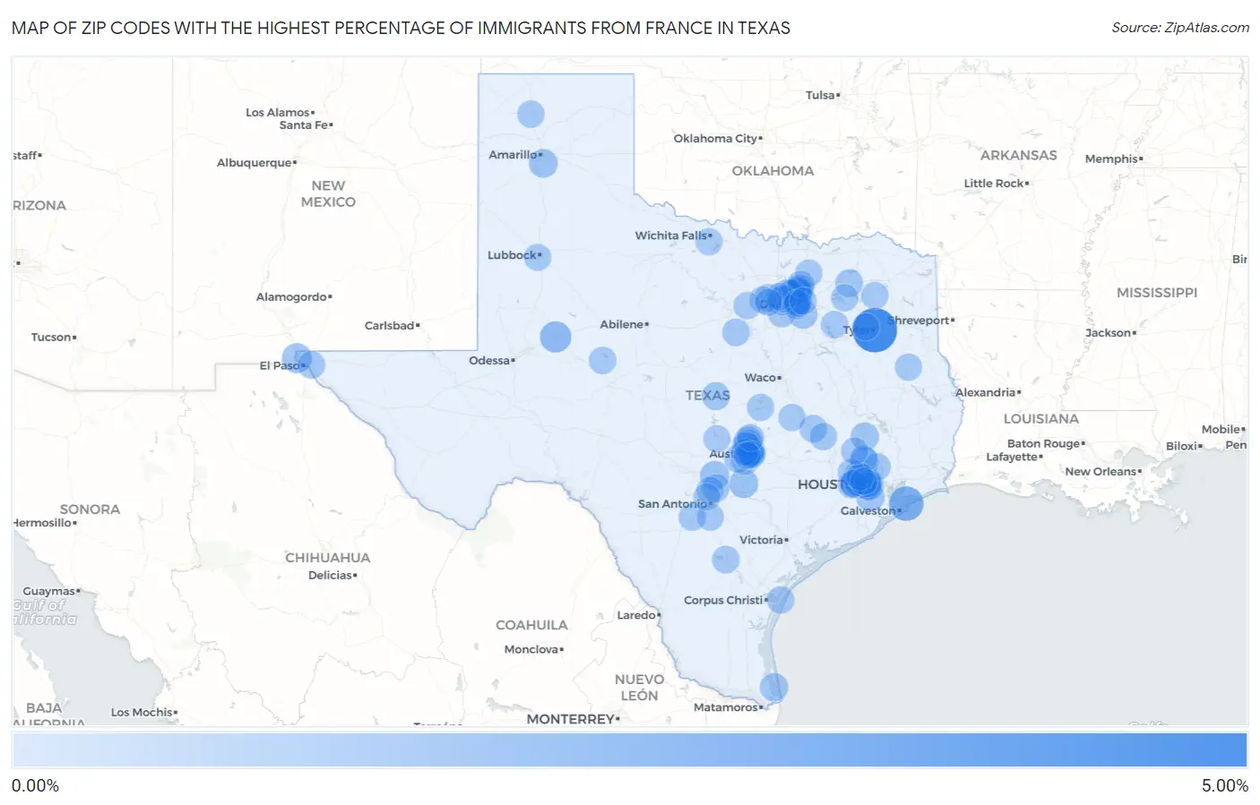 Zip Codes with the Highest Percentage of Immigrants from France in Texas Map