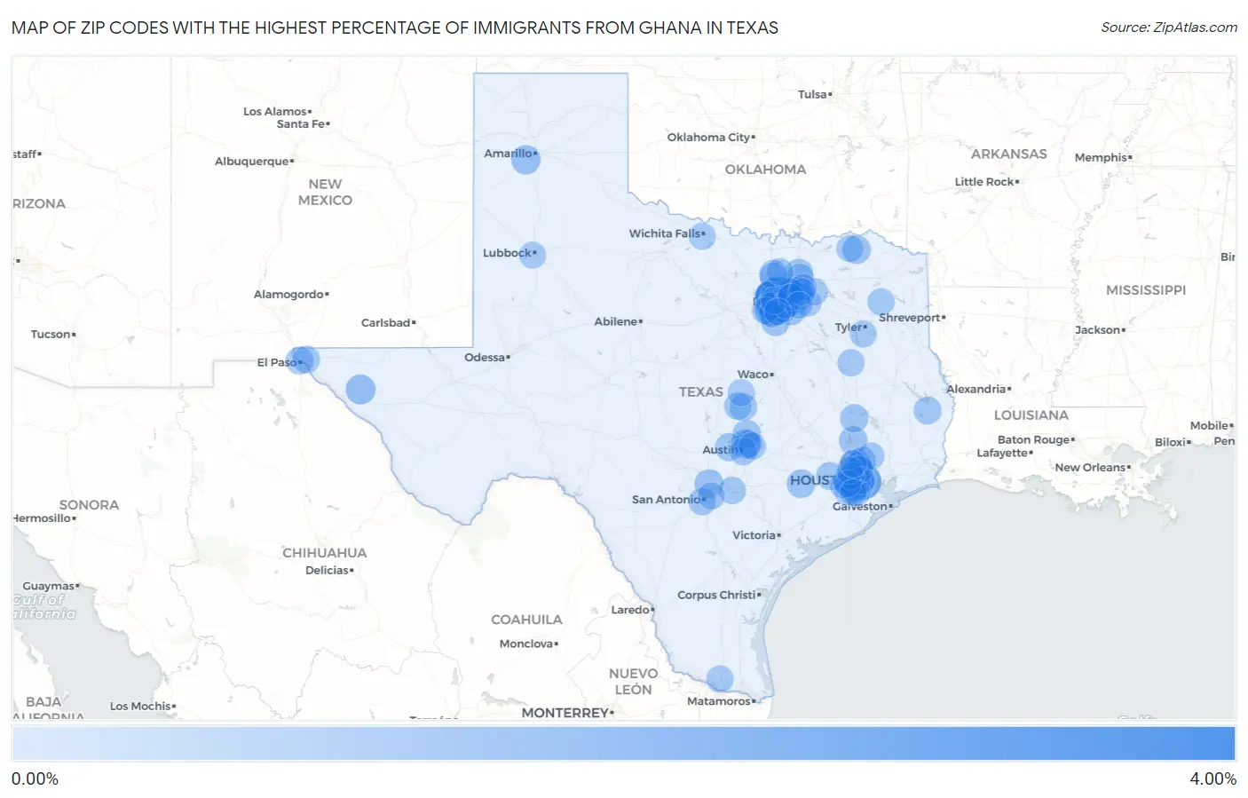 Zip Codes with the Highest Percentage of Immigrants from Ghana in Texas Map