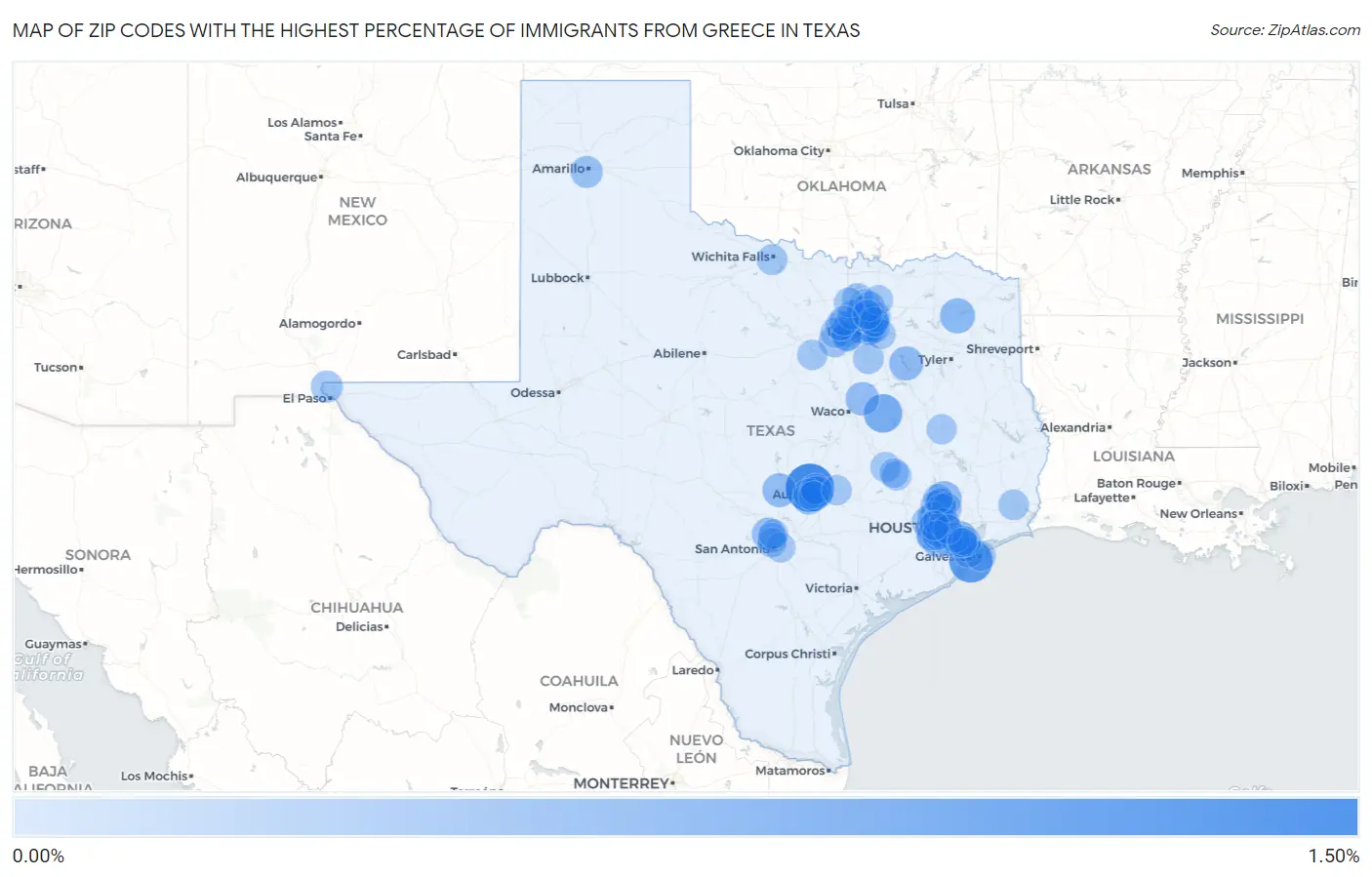 Zip Codes with the Highest Percentage of Immigrants from Greece in Texas Map