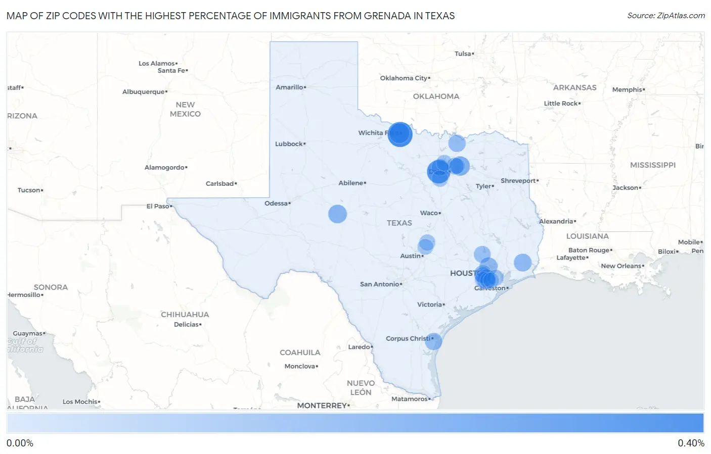 Zip Codes with the Highest Percentage of Immigrants from Grenada in Texas Map