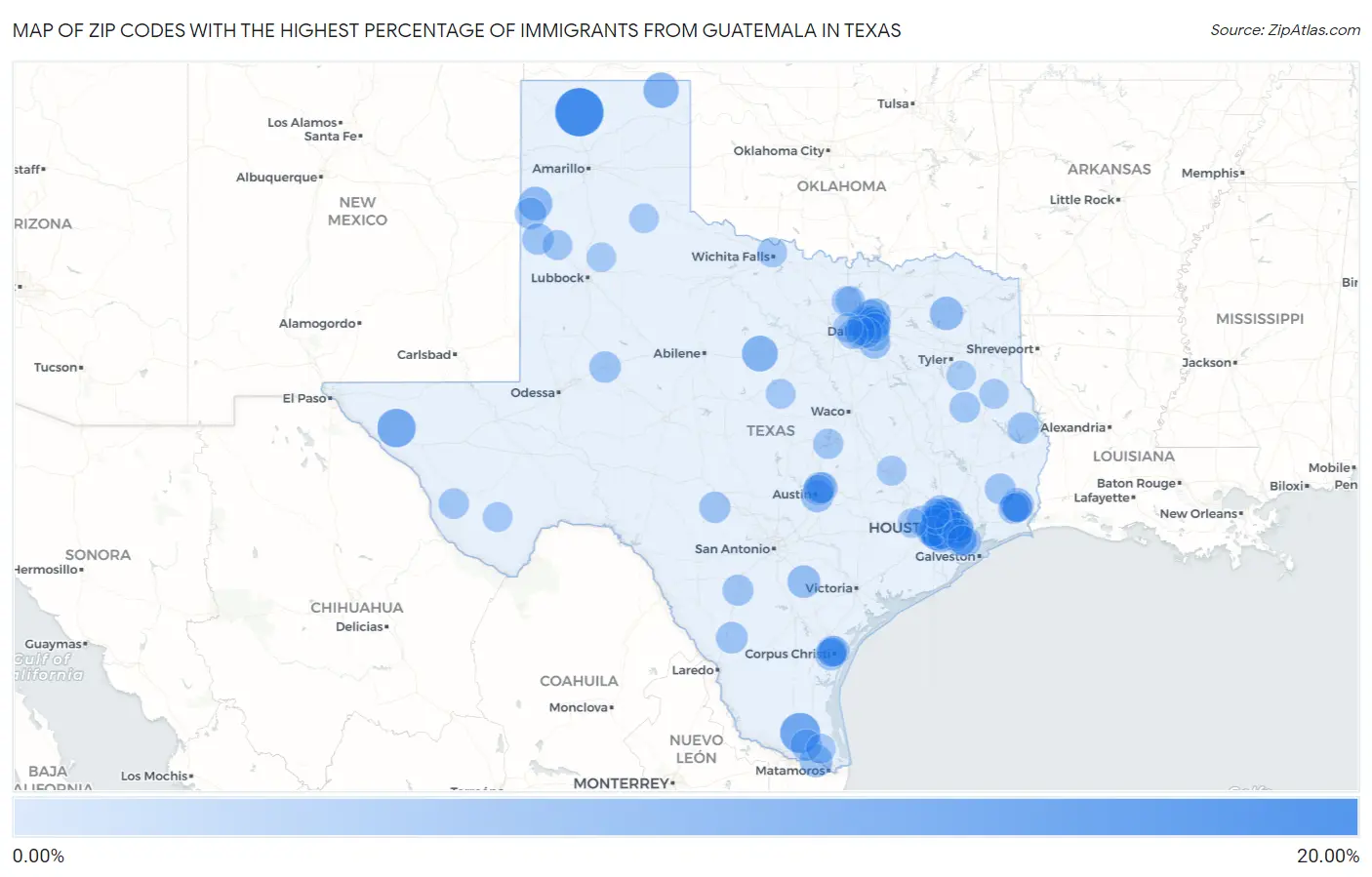 Zip Codes with the Highest Percentage of Immigrants from Guatemala in Texas Map