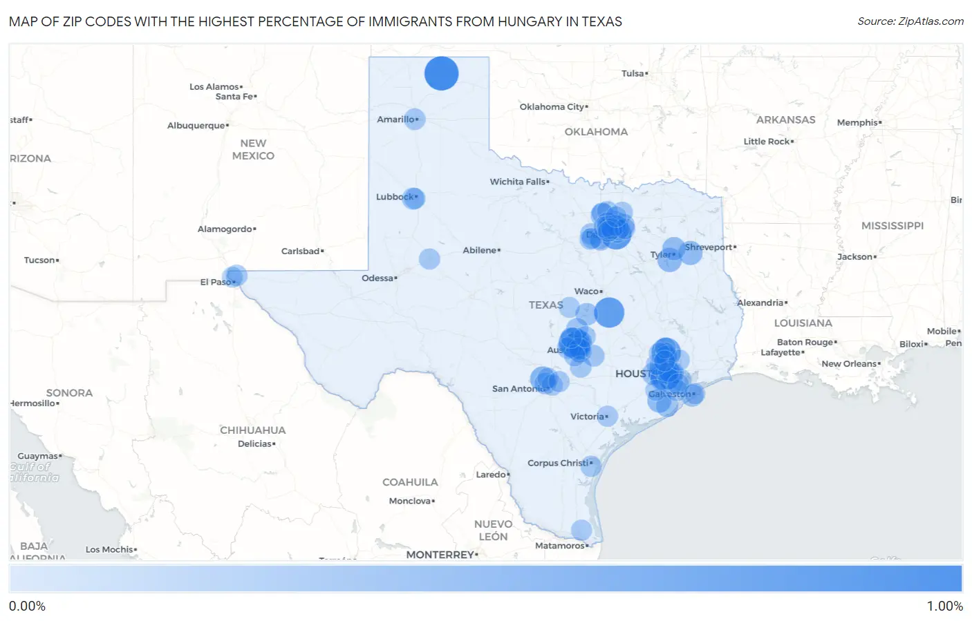 Zip Codes with the Highest Percentage of Immigrants from Hungary in Texas Map