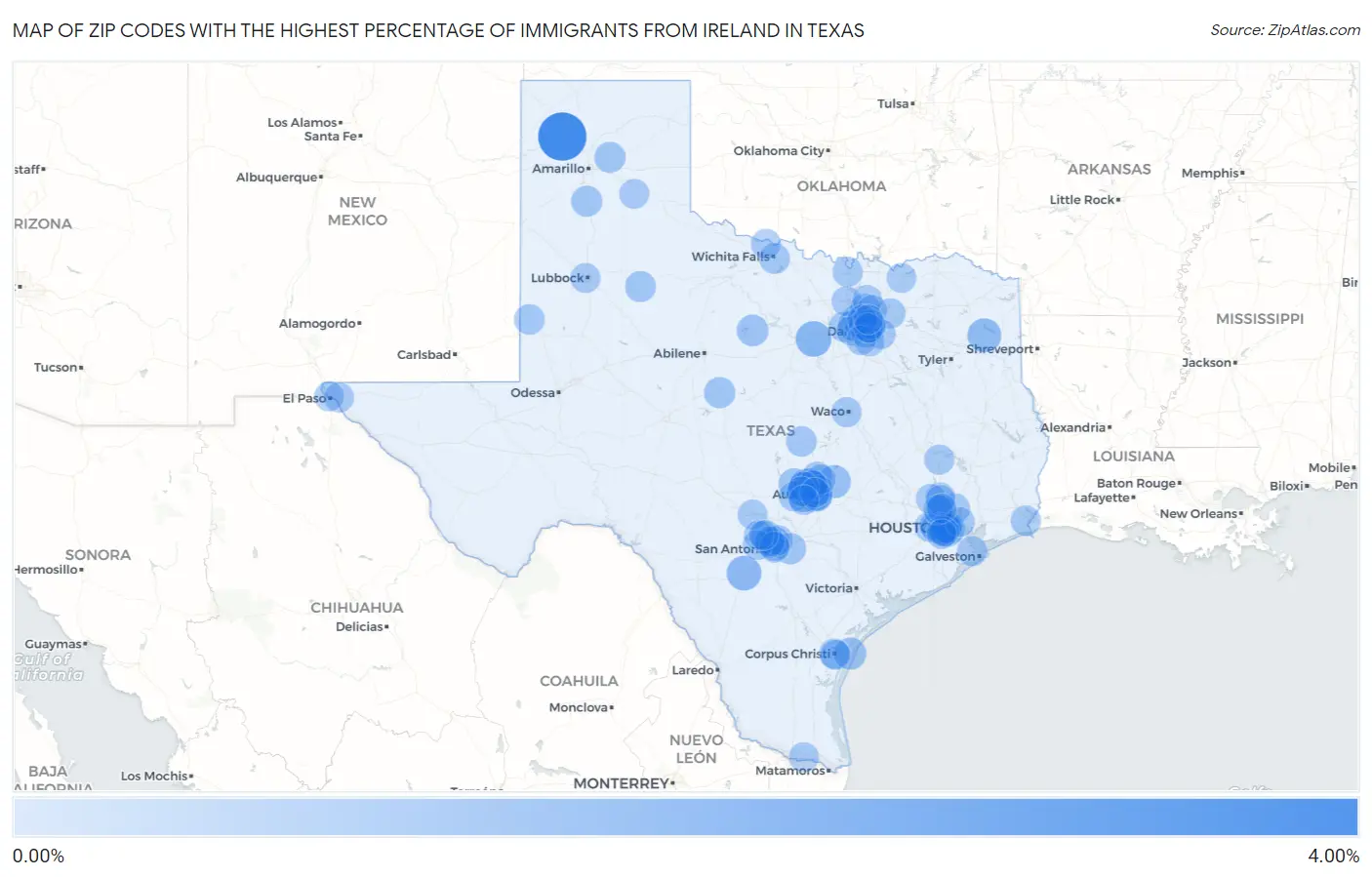 Zip Codes with the Highest Percentage of Immigrants from Ireland in Texas Map