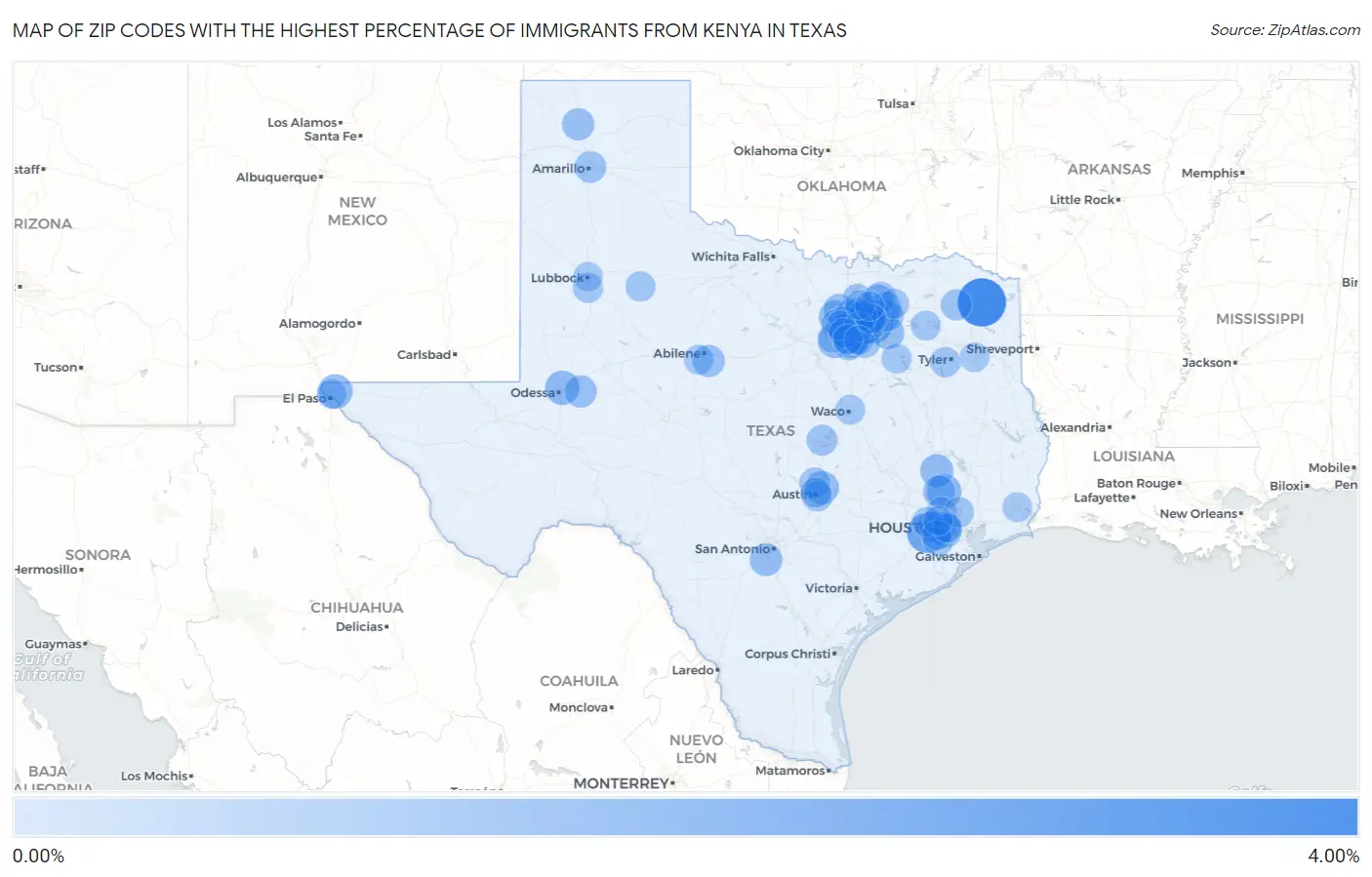 Zip Codes with the Highest Percentage of Immigrants from Kenya in Texas Map