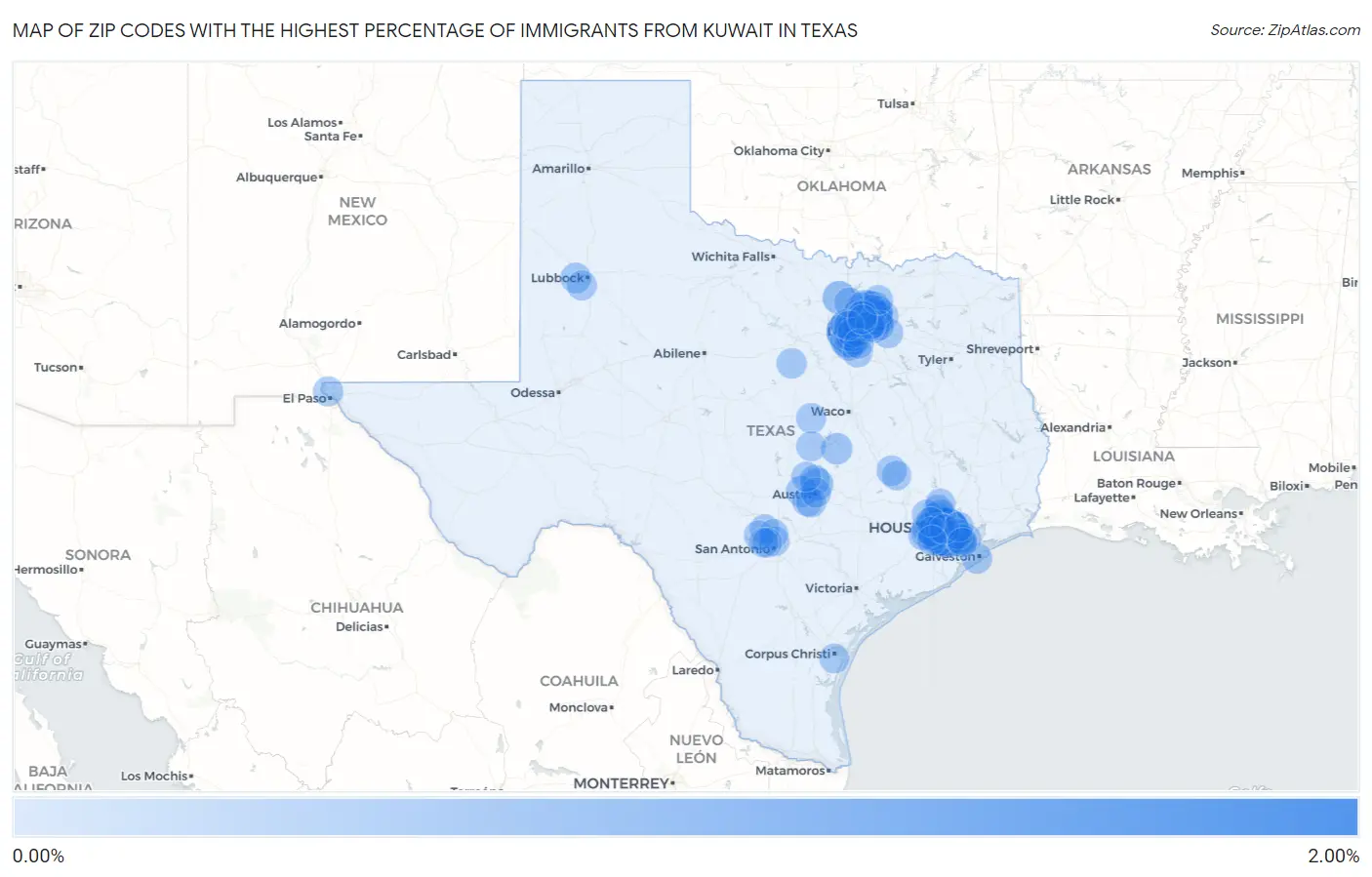 Zip Codes with the Highest Percentage of Immigrants from Kuwait in Texas Map