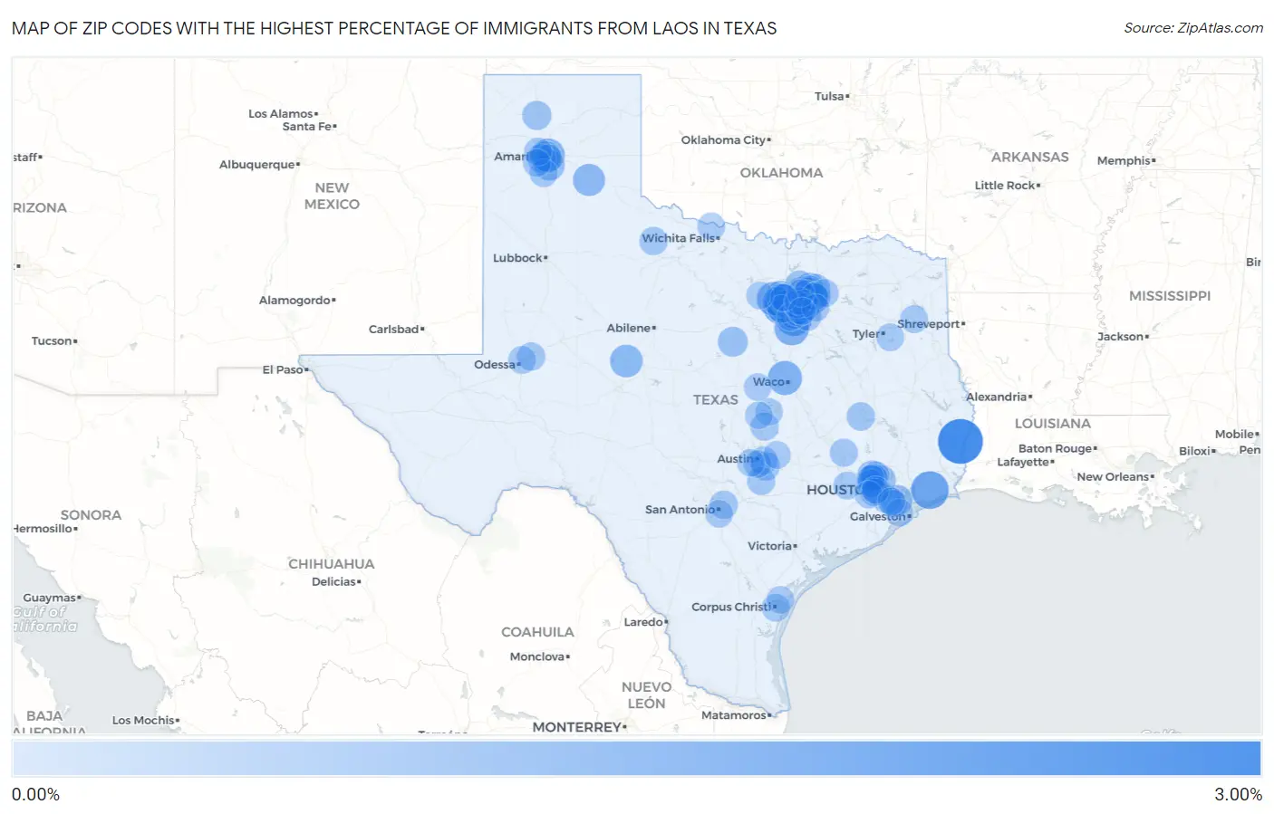 Zip Codes with the Highest Percentage of Immigrants from Laos in Texas Map