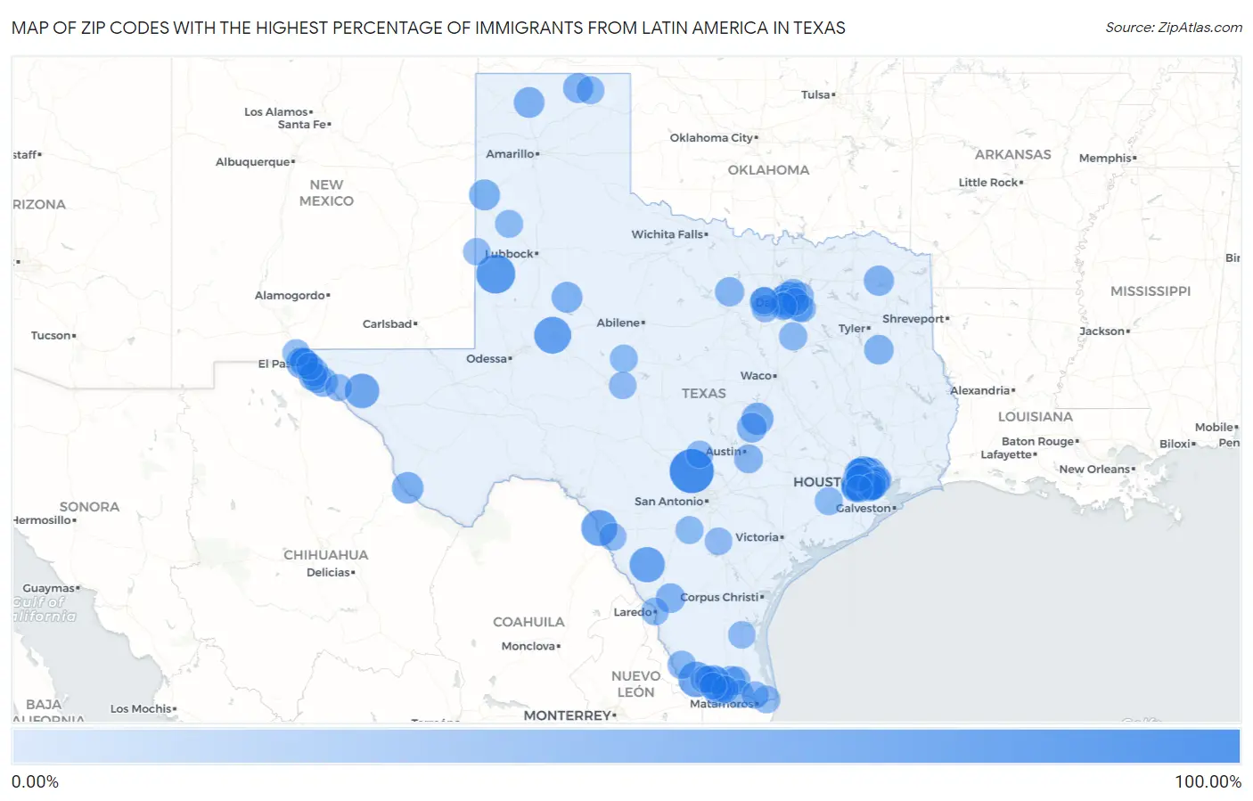 Zip Codes with the Highest Percentage of Immigrants from Latin America in Texas Map