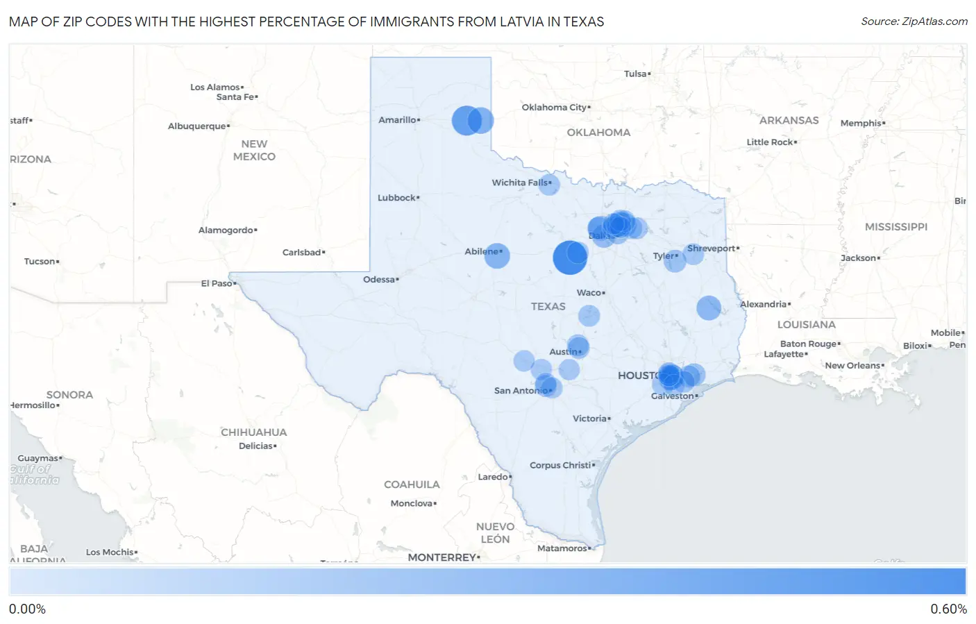 Zip Codes with the Highest Percentage of Immigrants from Latvia in Texas Map