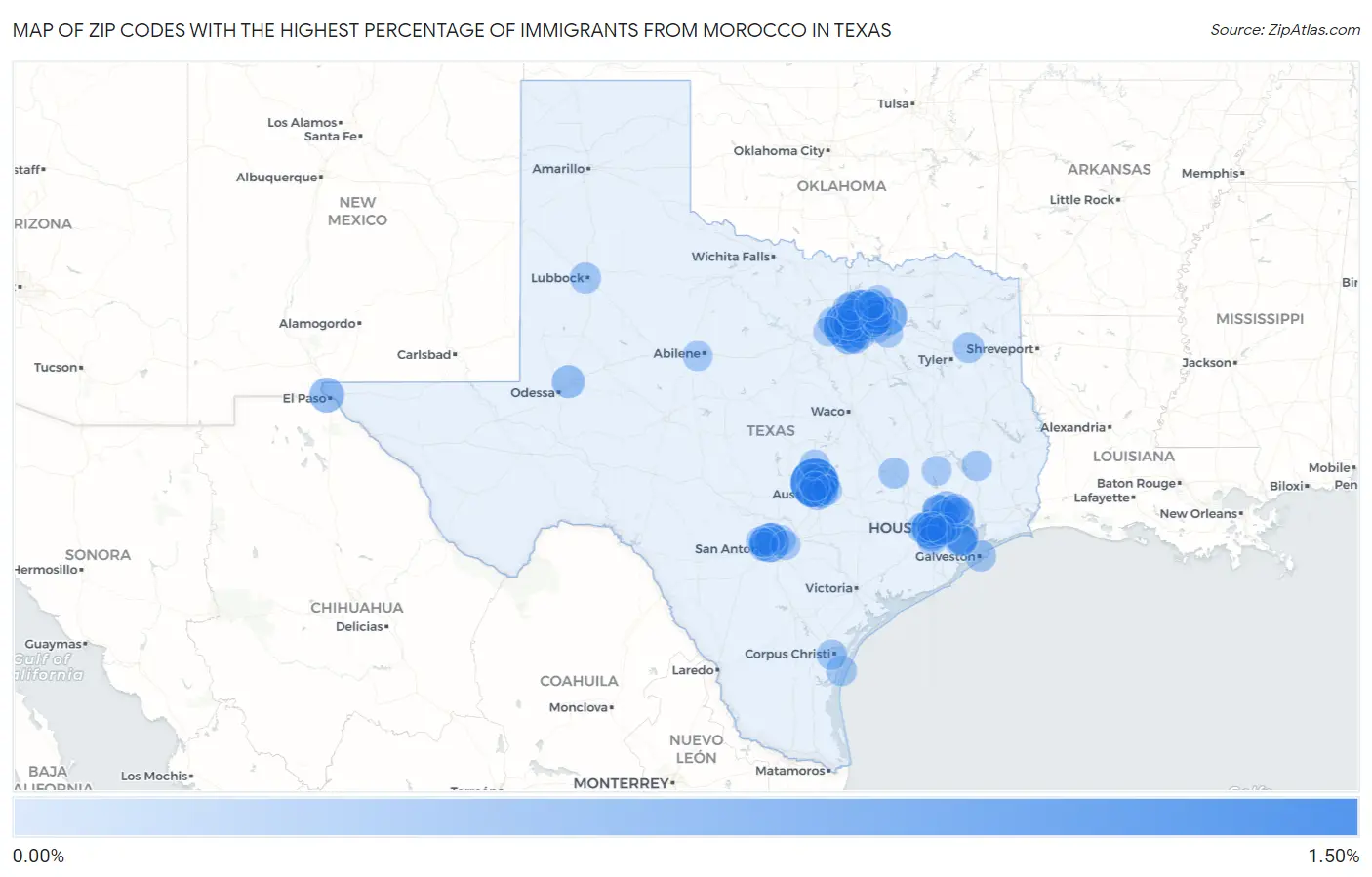Zip Codes with the Highest Percentage of Immigrants from Morocco in Texas Map