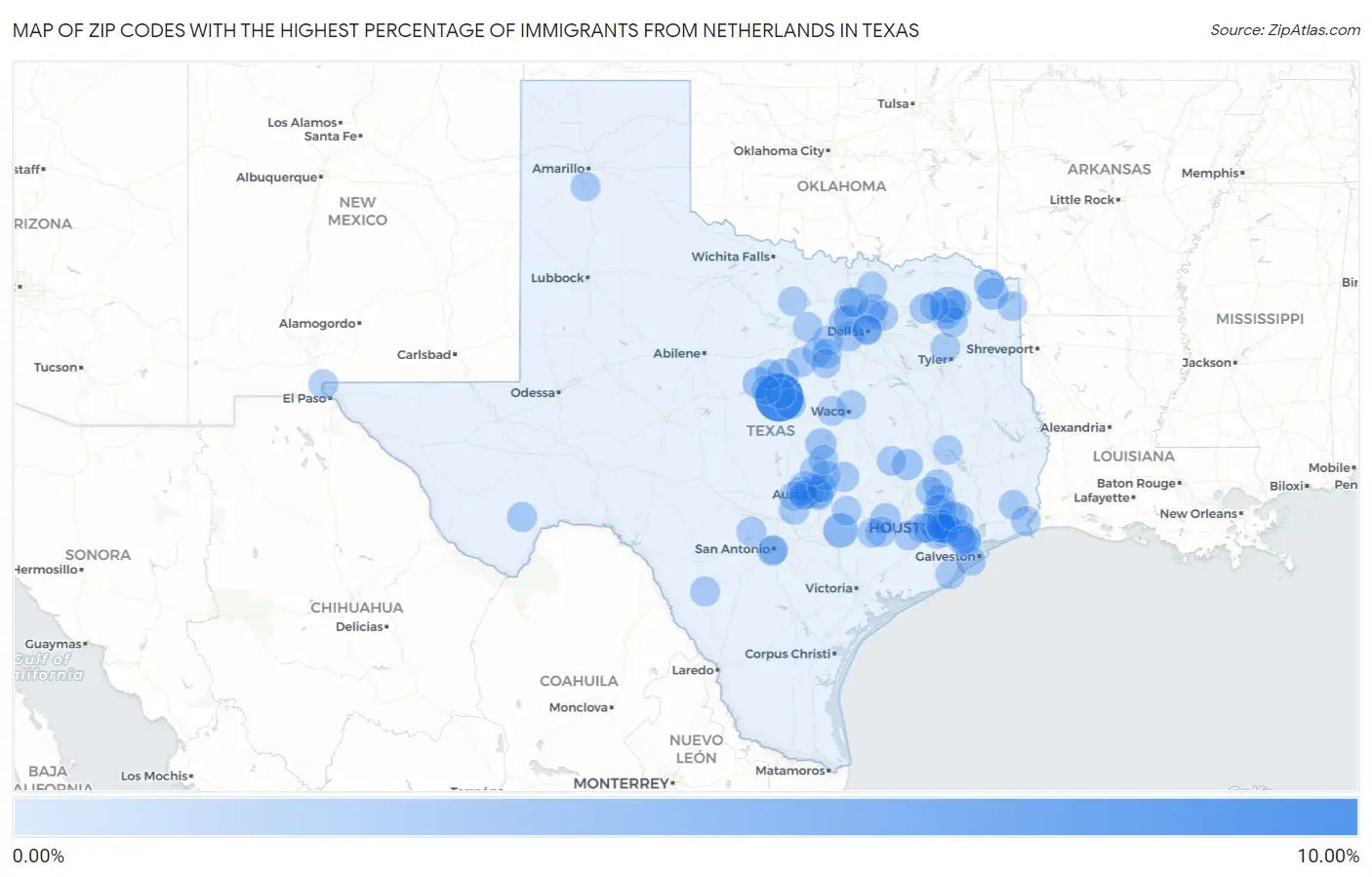 Zip Codes with the Highest Percentage of Immigrants from Netherlands in Texas Map
