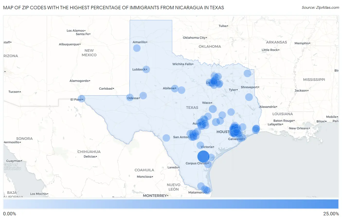 Zip Codes with the Highest Percentage of Immigrants from Nicaragua in Texas Map