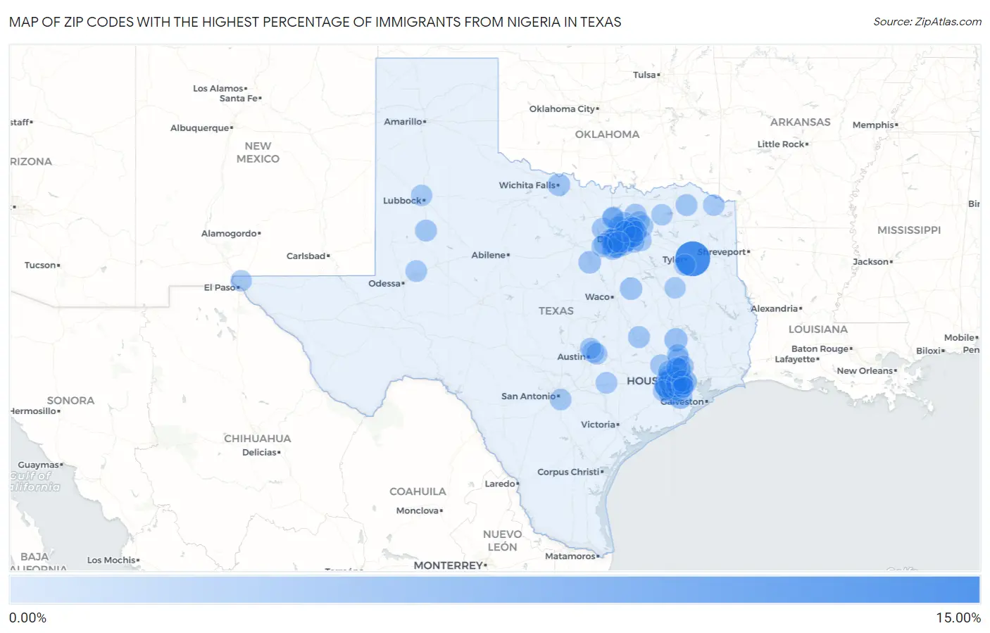 Zip Codes with the Highest Percentage of Immigrants from Nigeria in Texas Map