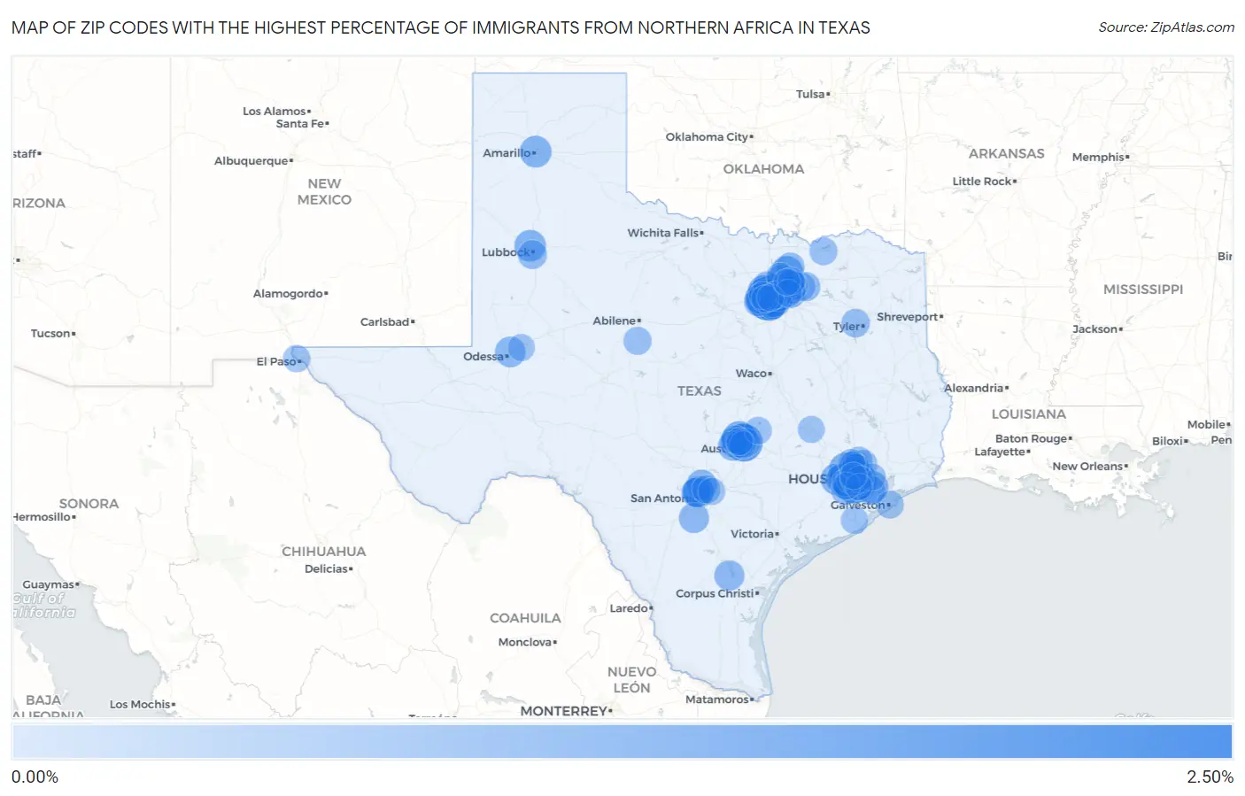 Zip Codes with the Highest Percentage of Immigrants from Northern Africa in Texas Map