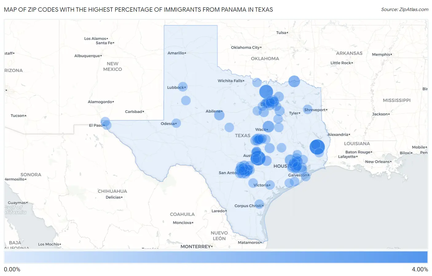 Zip Codes with the Highest Percentage of Immigrants from Panama in Texas Map