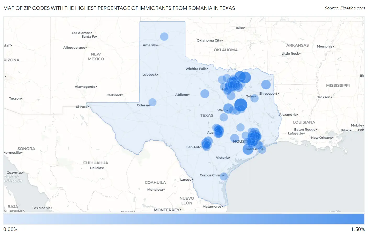 Zip Codes with the Highest Percentage of Immigrants from Romania in Texas Map
