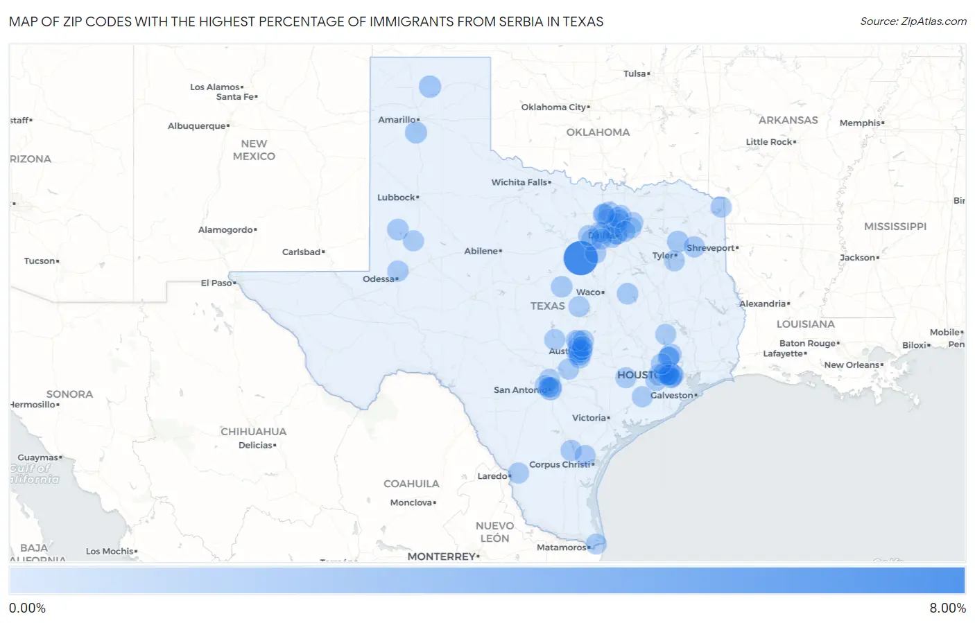 Zip Codes with the Highest Percentage of Immigrants from Serbia in Texas Map
