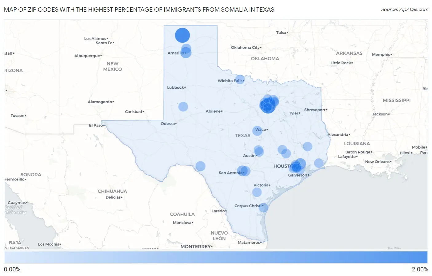 Zip Codes with the Highest Percentage of Immigrants from Somalia in Texas Map