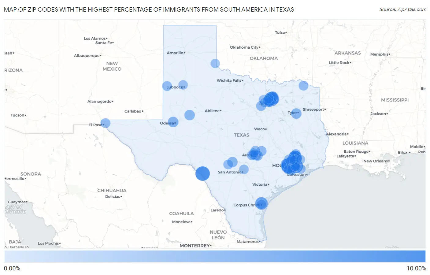 Zip Codes with the Highest Percentage of Immigrants from South America in Texas Map