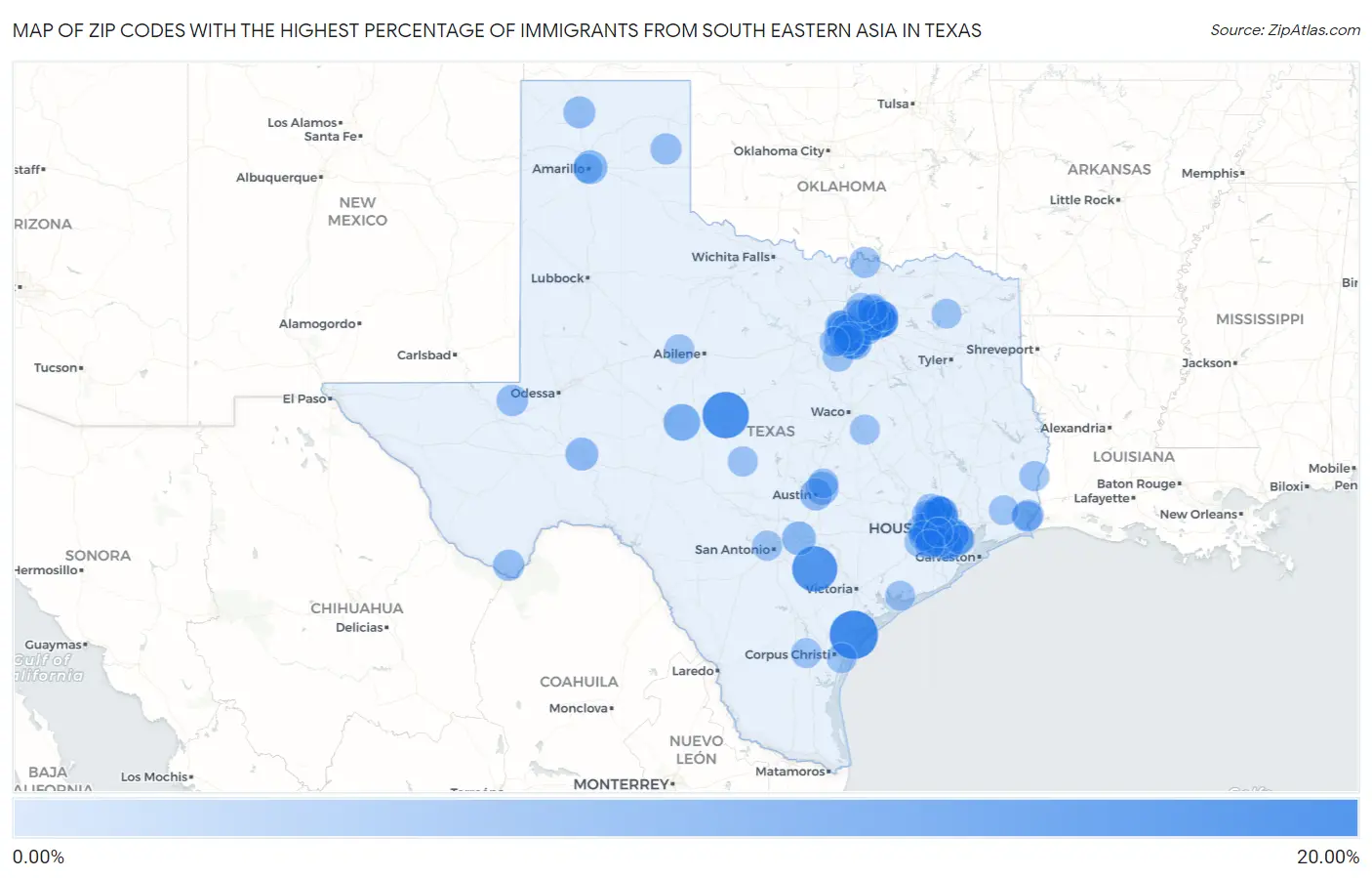 Zip Codes with the Highest Percentage of Immigrants from South Eastern Asia in Texas Map