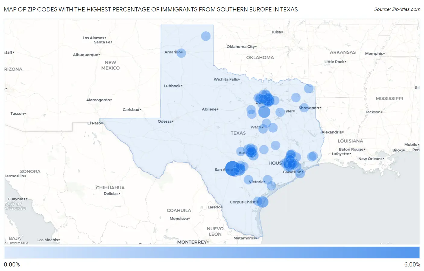 Zip Codes with the Highest Percentage of Immigrants from Southern Europe in Texas Map