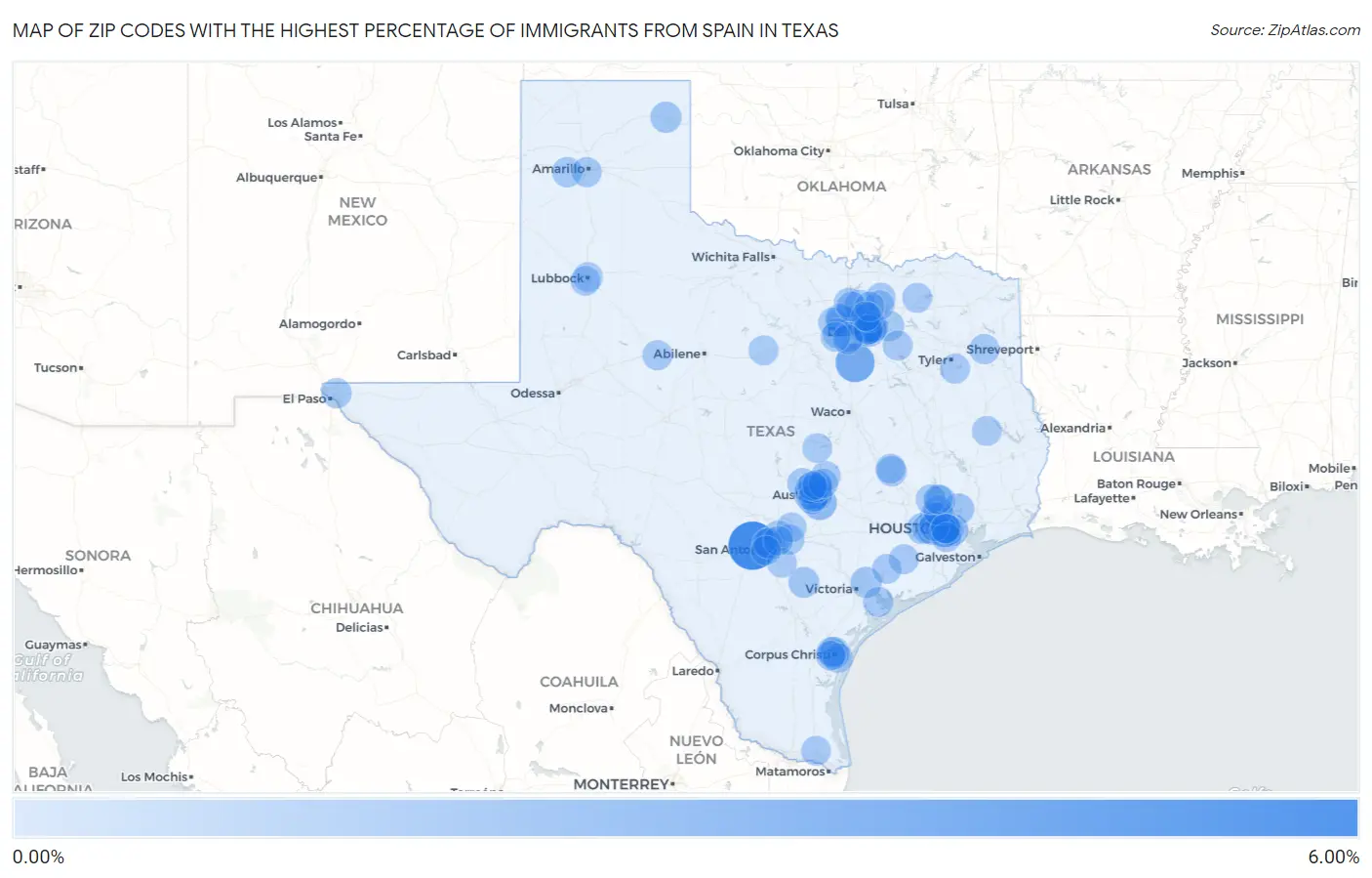Zip Codes with the Highest Percentage of Immigrants from Spain in Texas Map