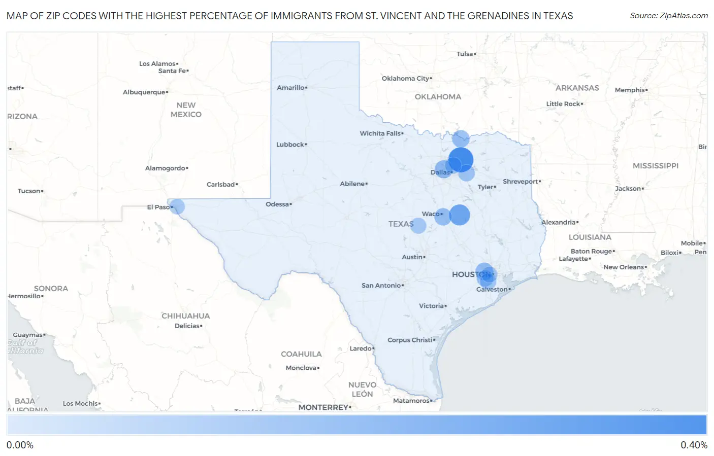 Zip Codes with the Highest Percentage of Immigrants from St. Vincent and the Grenadines in Texas Map
